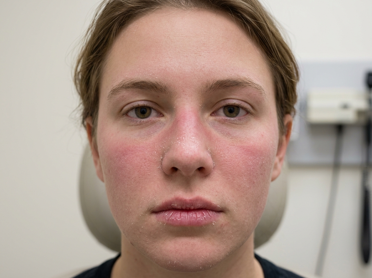 Face showing severe isotretinoin-related skin thinning, dryness, and sun-exposed erythema on cheeks and nose from Accutane use