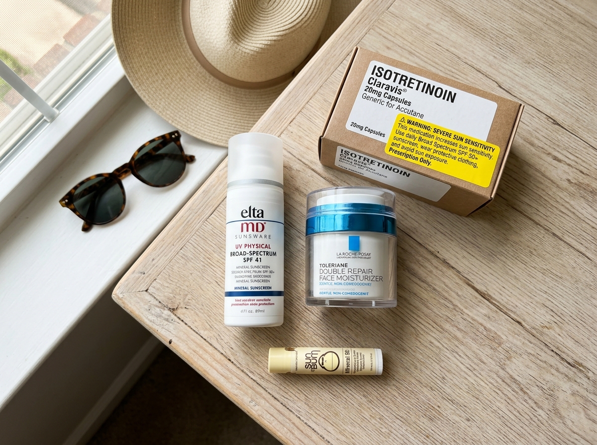 Skincare counter showing isotretinoin patient's daily protection setup: SPF 50 mineral sunscreen, wide-brim hat, SPF lip balm, gentle non-comedogenic moisturizer
