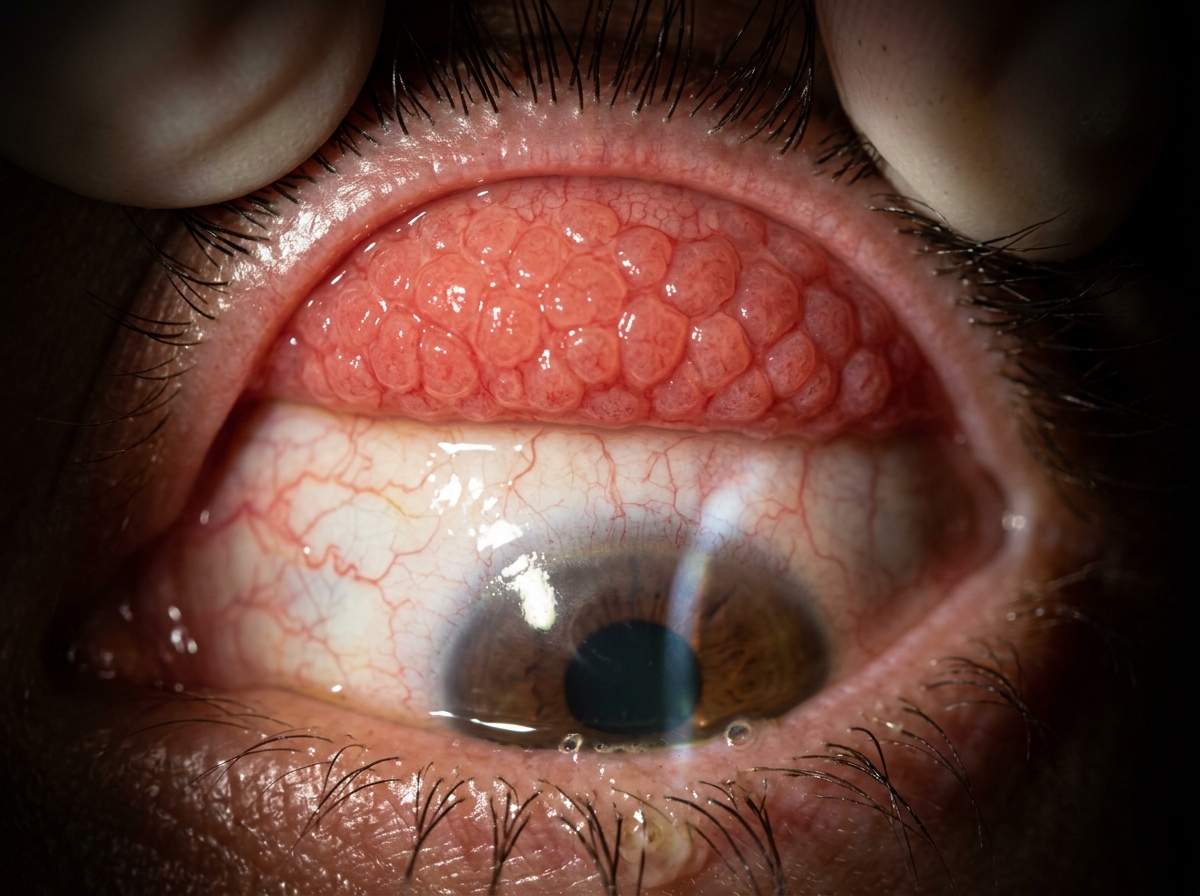 Macro close-up of eye with allergic conjunctivitis showing intense conjunctival injection, chemosis, papillae on upper tarsal conjunctiva, and watery discharge