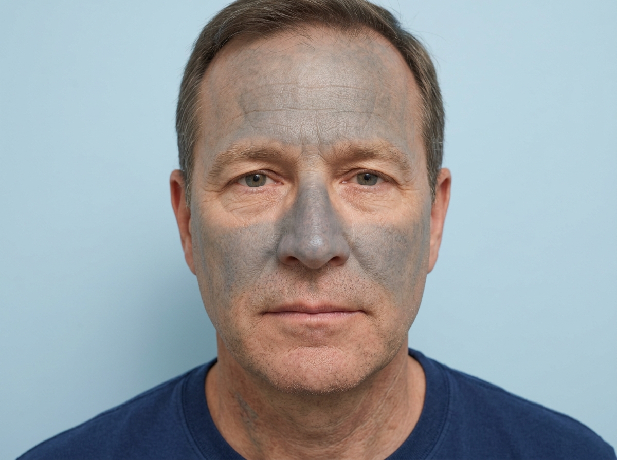 Face of long-term amiodarone patient showing characteristic slate-grey blue-grey discoloration on sun-exposed cheeks and nose