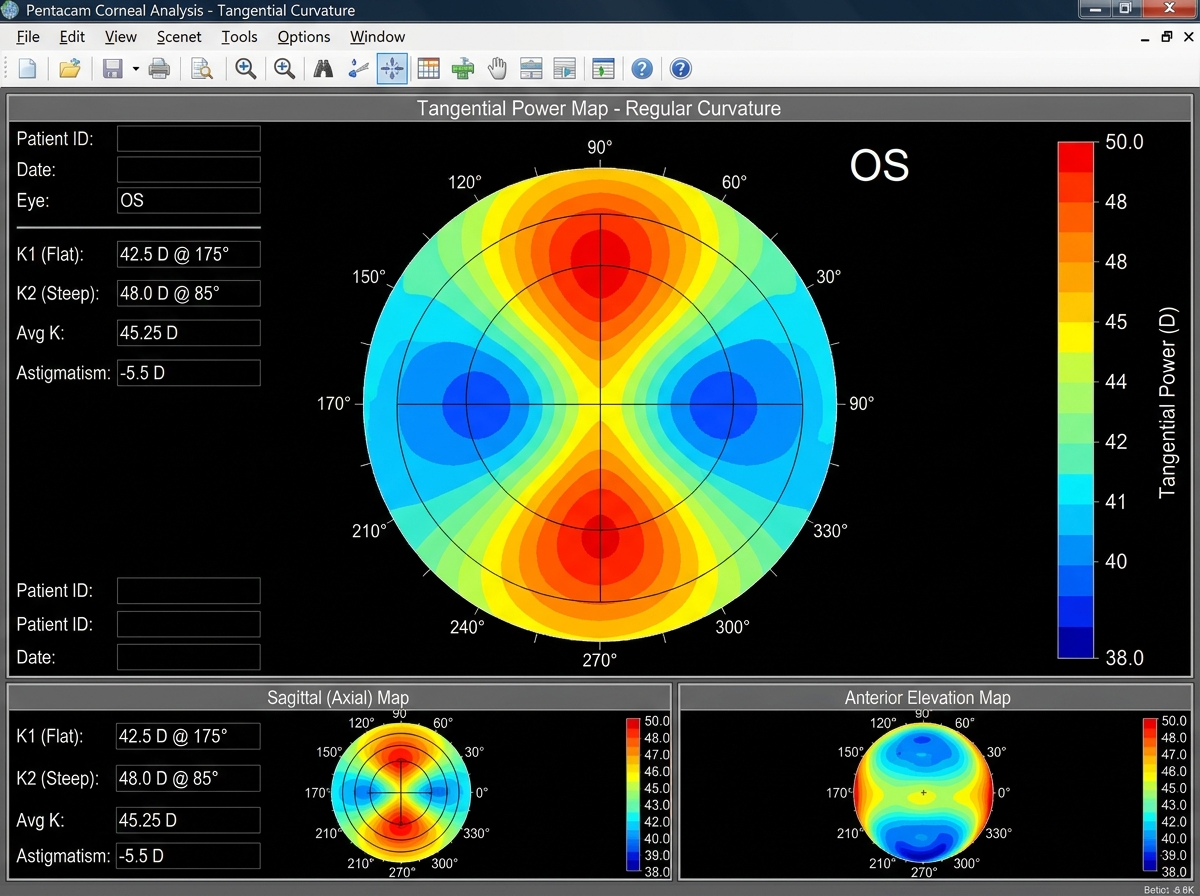 Corneal topography of regular astigmatism showing symmetric bow-tie pattern with steep vertical meridian in red-orange and flat horizontal meridian in blue