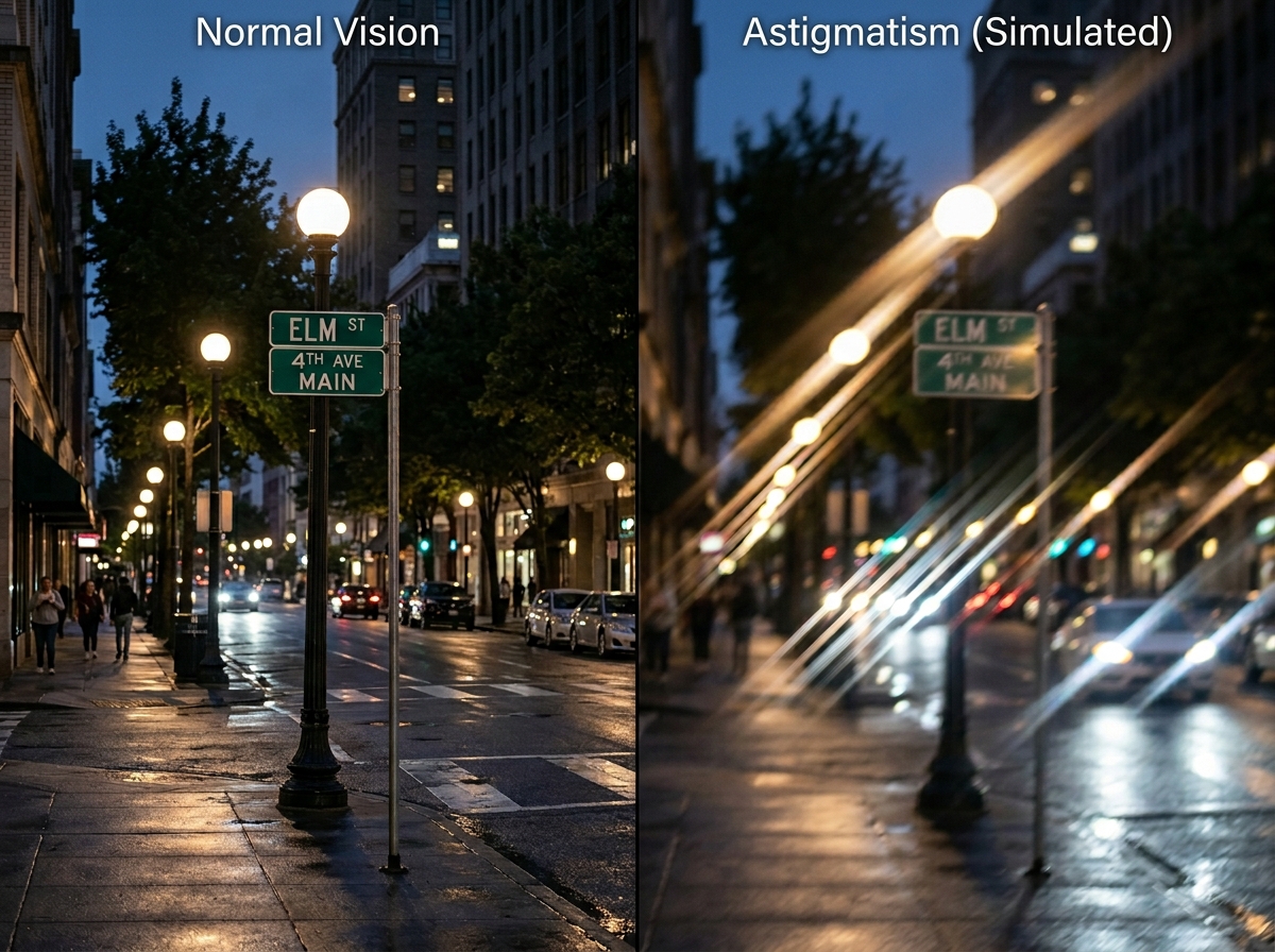 Simulated vision comparison: normal eye sees sharp streetlight vs astigmatic eye sees same light as elongated starburst/streak along astigmatic axis