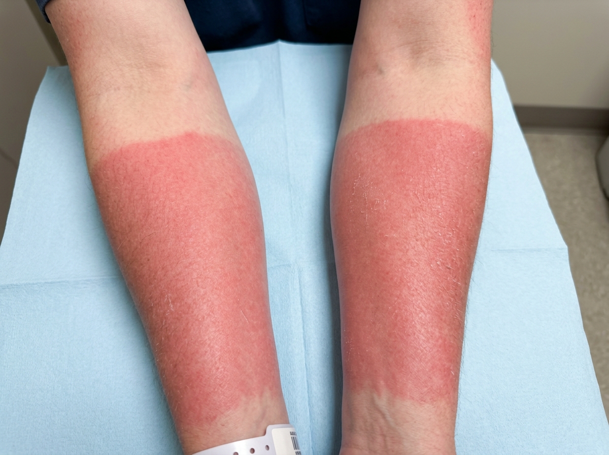 Sunburned forearms showing Bactrim sulfonamide phototoxic reaction with erythema confined to UV-exposed skin below shirt sleeve line