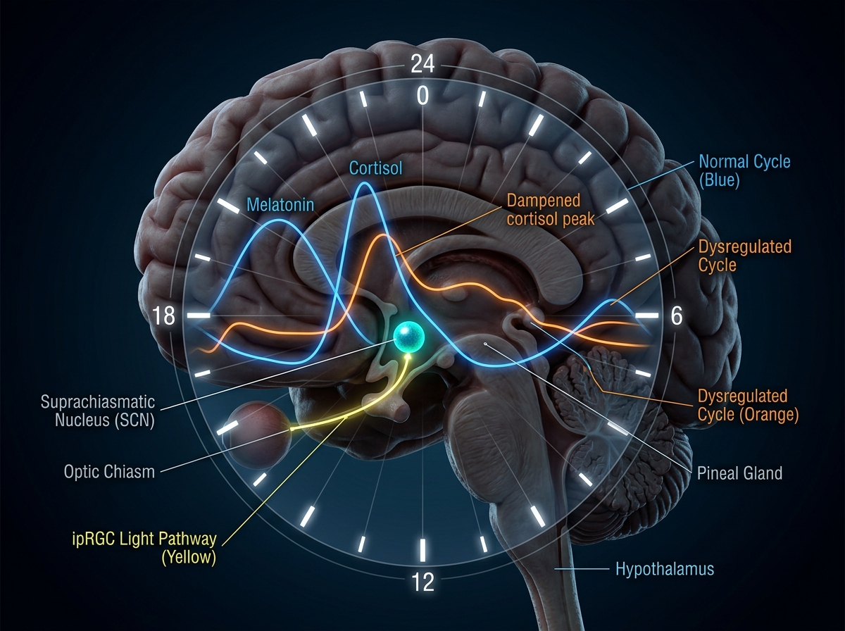 Chronobiology diagram comparing normal circadian cortisol and melatonin curves to flattened, phase-shifted curves in bipolar disorder