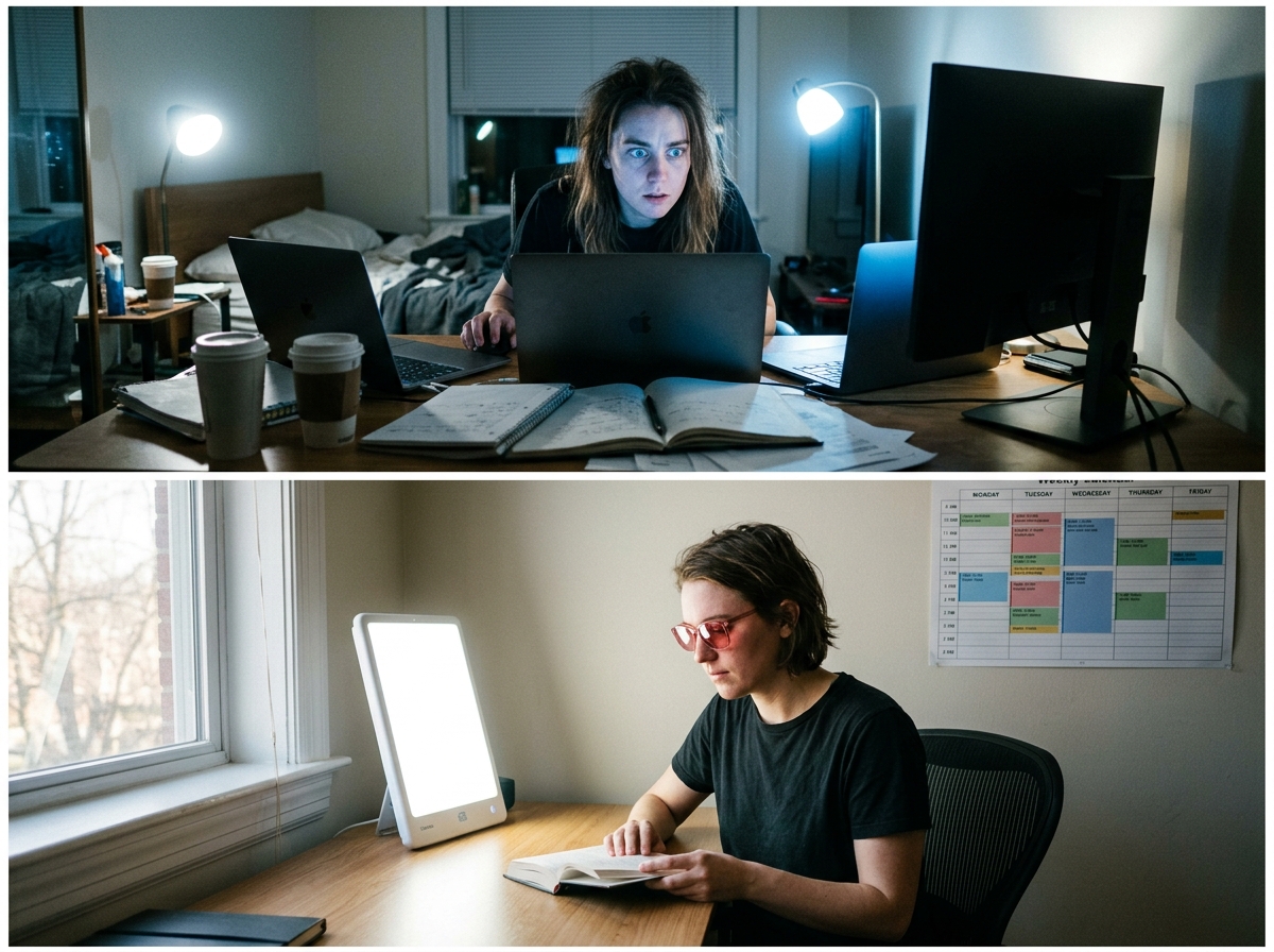 Split image: left shows person in dark room during depressive episode with blackout curtains; right shows same person manic in bright stimulating environment at night