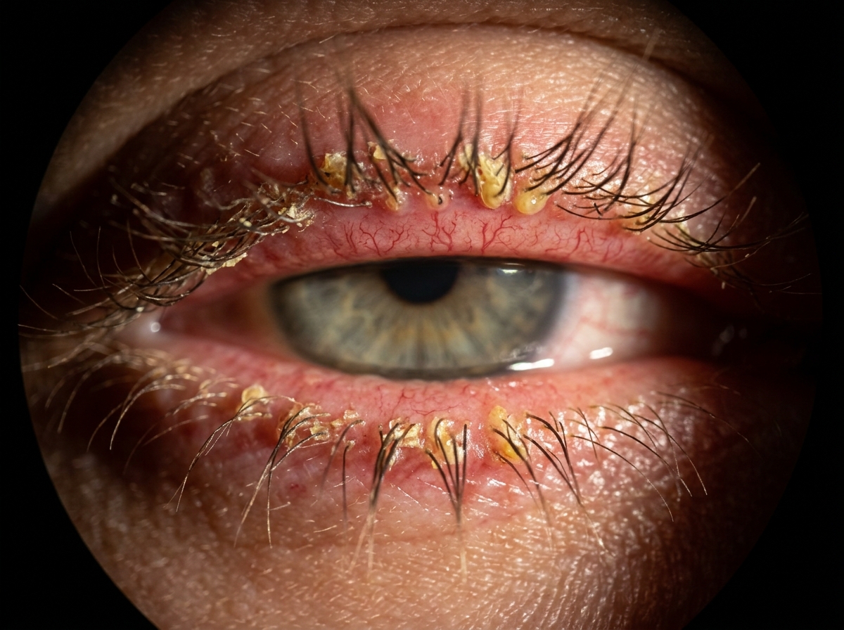 Clinical macro photograph of eyelid margin with blepharitis showing collarettes around lash bases, telangiectasia and slight foam in tear meniscus