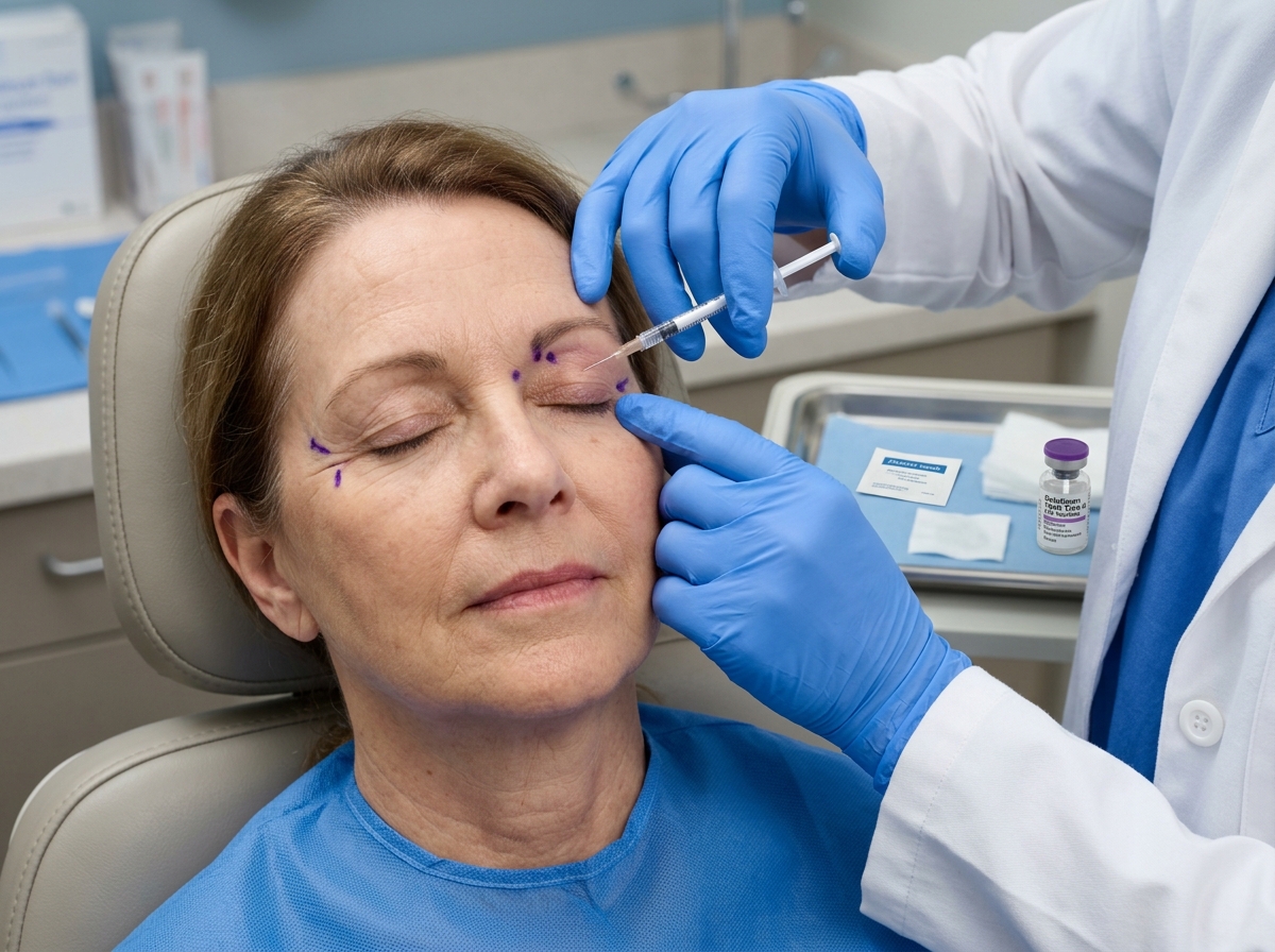 Neurologist performing precise Botox injection into the orbicularis oculi muscle around the eye of a blepharospasm patient using fine needle