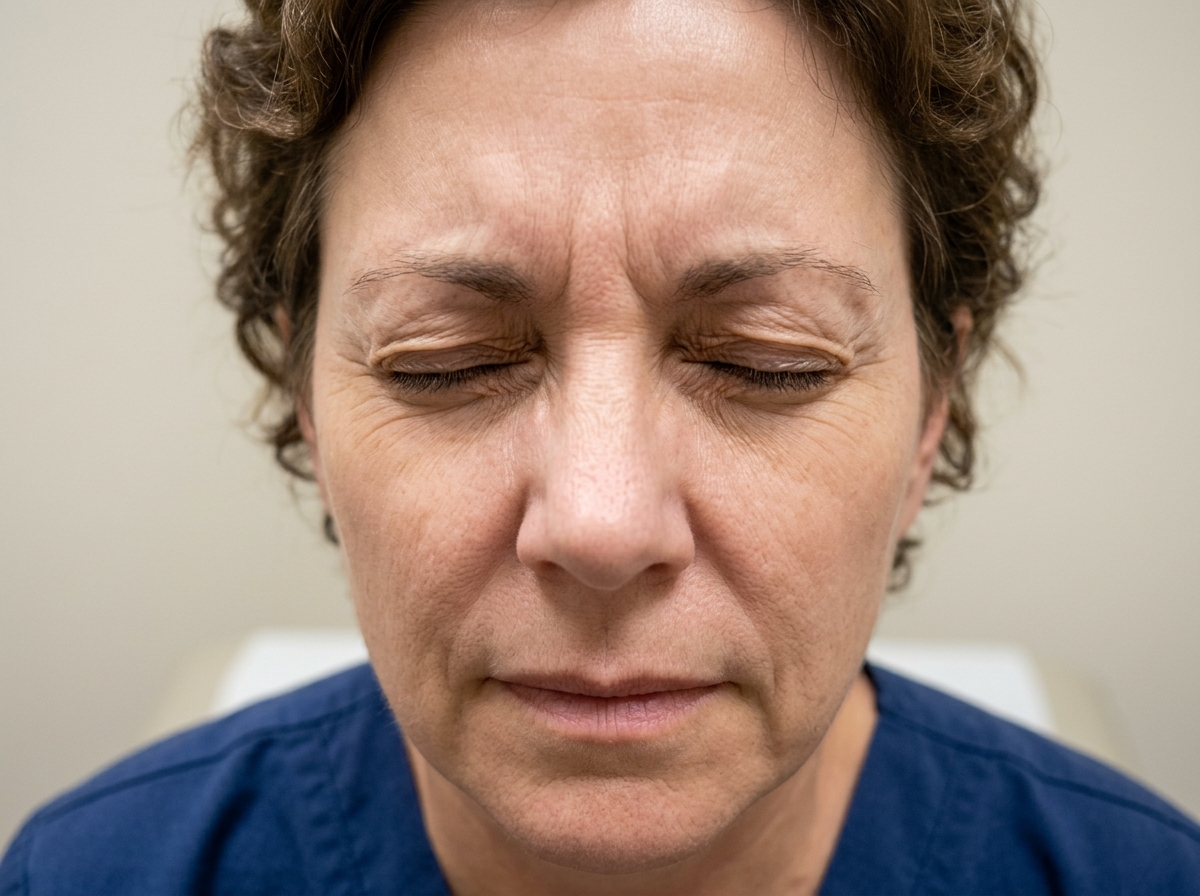 Patient with benign essential blepharospasm mid-spasm, both eyes forcibly closed, eyelids contracted, outdoors in bright light