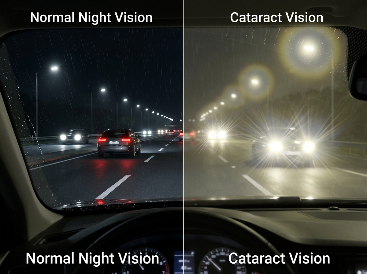 Cross-section comparison of a clear crystalline lens focusing light to a sharp point vs a cataract-clouded lens scattering light in all directions
