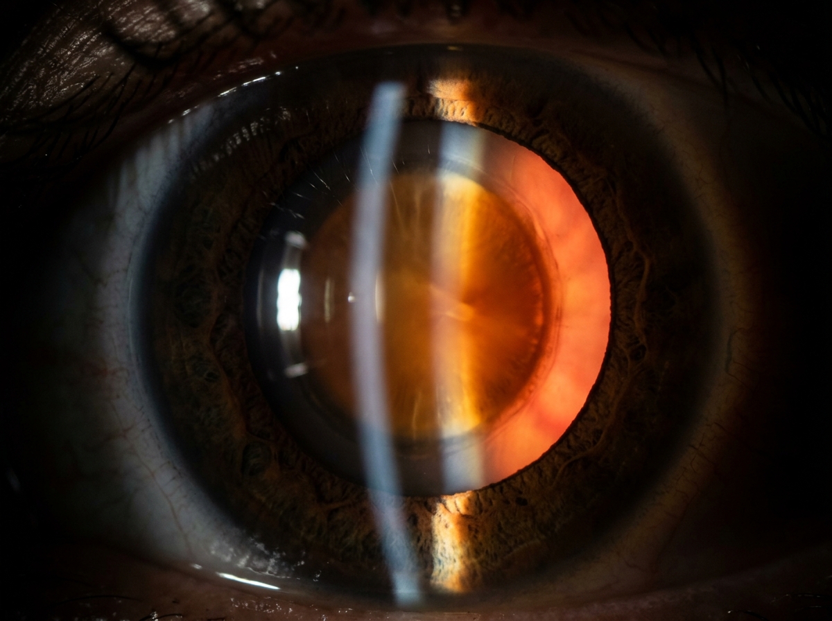 Slit-lamp photograph showing posterior subcapsular cataract as dense brown opacity at rear of crystalline lens, viewed through dilated pupil
