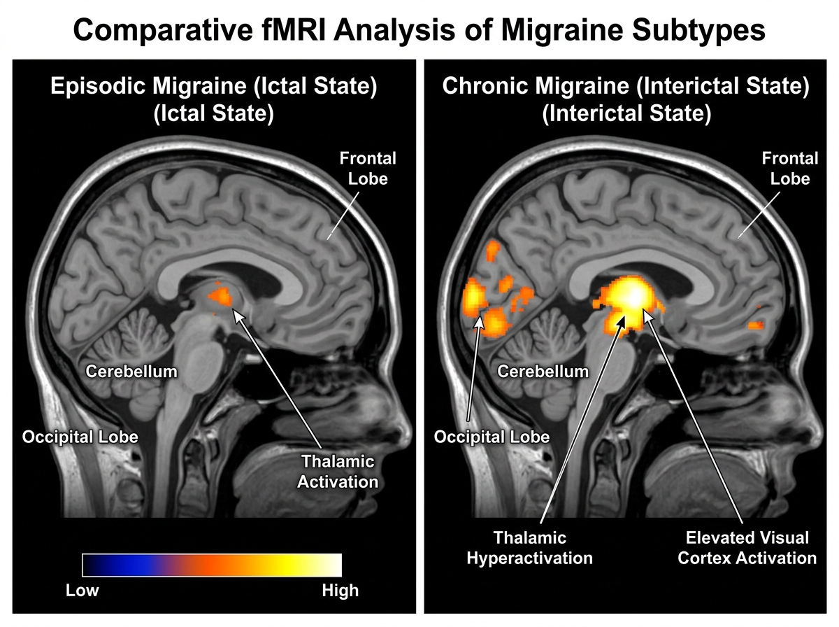 fMRI brain scan showing hyperactivated thalamus (bright yellow-orange) and visual cortex in chronic migraine patient vs dim activity in episodic migraine