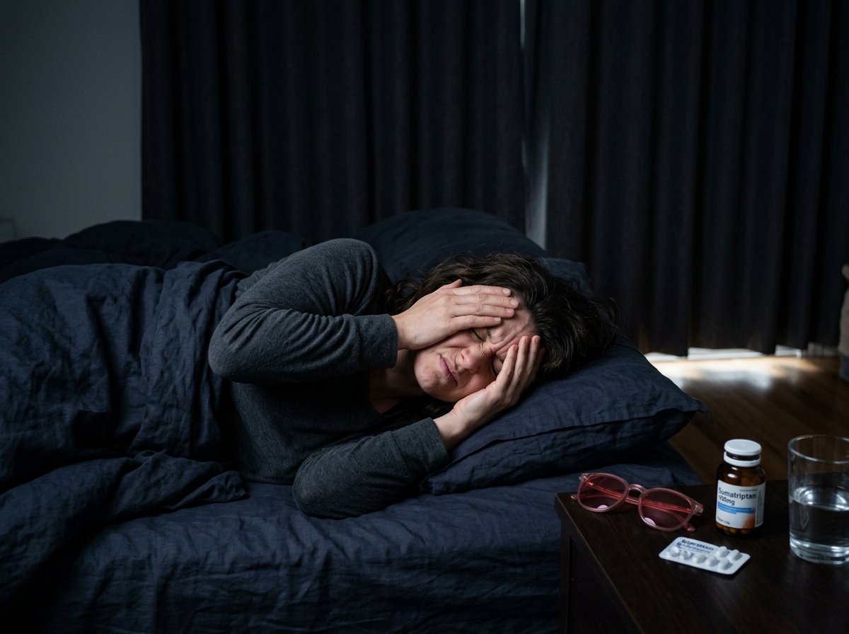 Calendar showing 15+ migraine days marked in red per month, person lying in darkened bedroom with ice pack, FL-41 glasses on bedside table