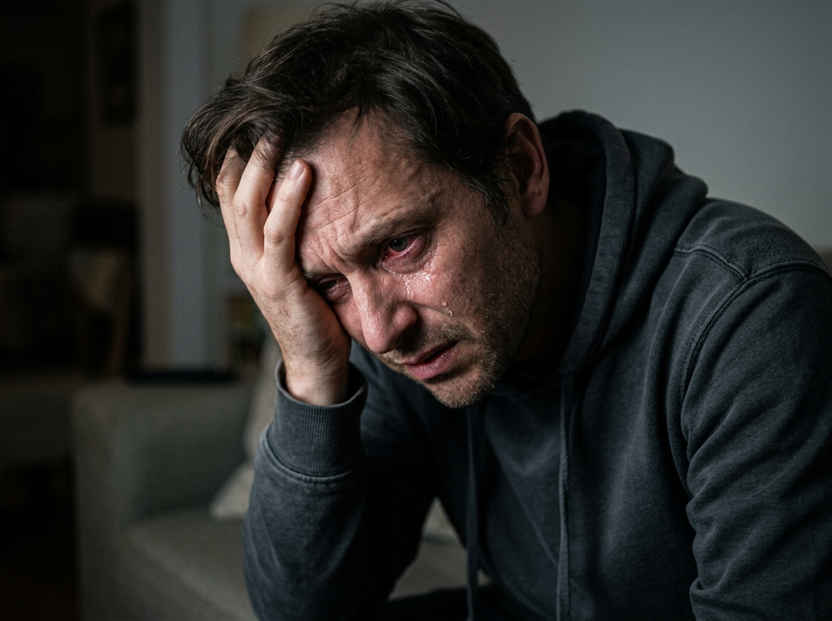 Man in his 40s in extreme headache pain with one hand pressed over his right eye, sitting on edge of bed at 3am, agonized expression