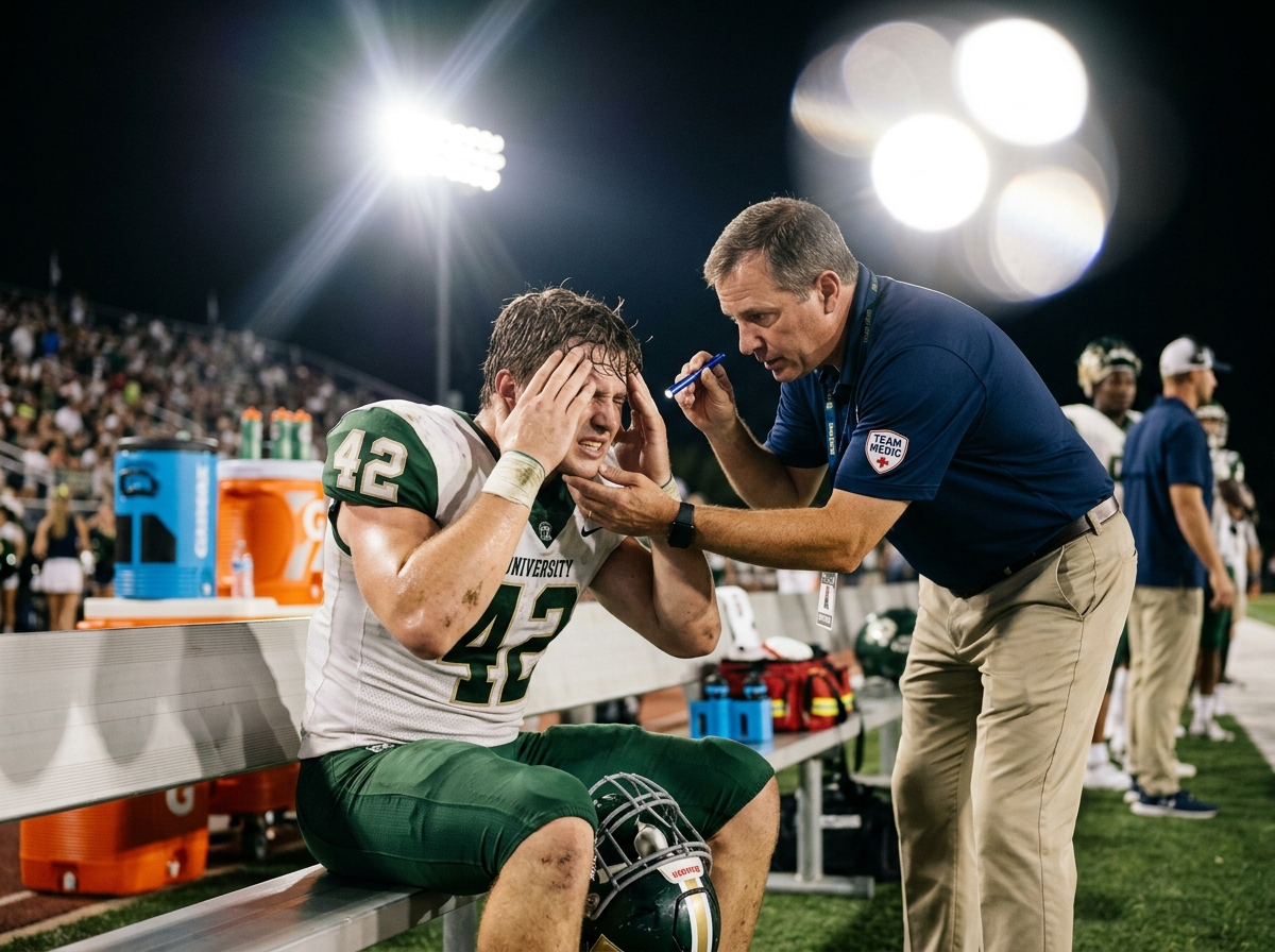 Athlete sitting on sports sideline bench with head in hands squinting in pain, trainer beside him, bright stadium lighting in background