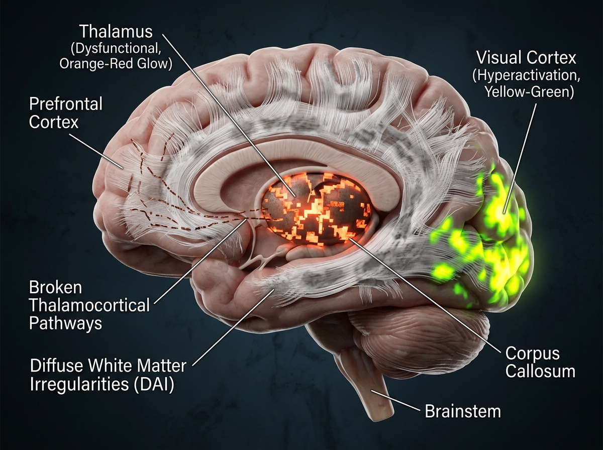 3D brain visualization showing diffuse axonal injury patterns in orange-red against blue-gray tissue, thalamus and visual cortex highlighted