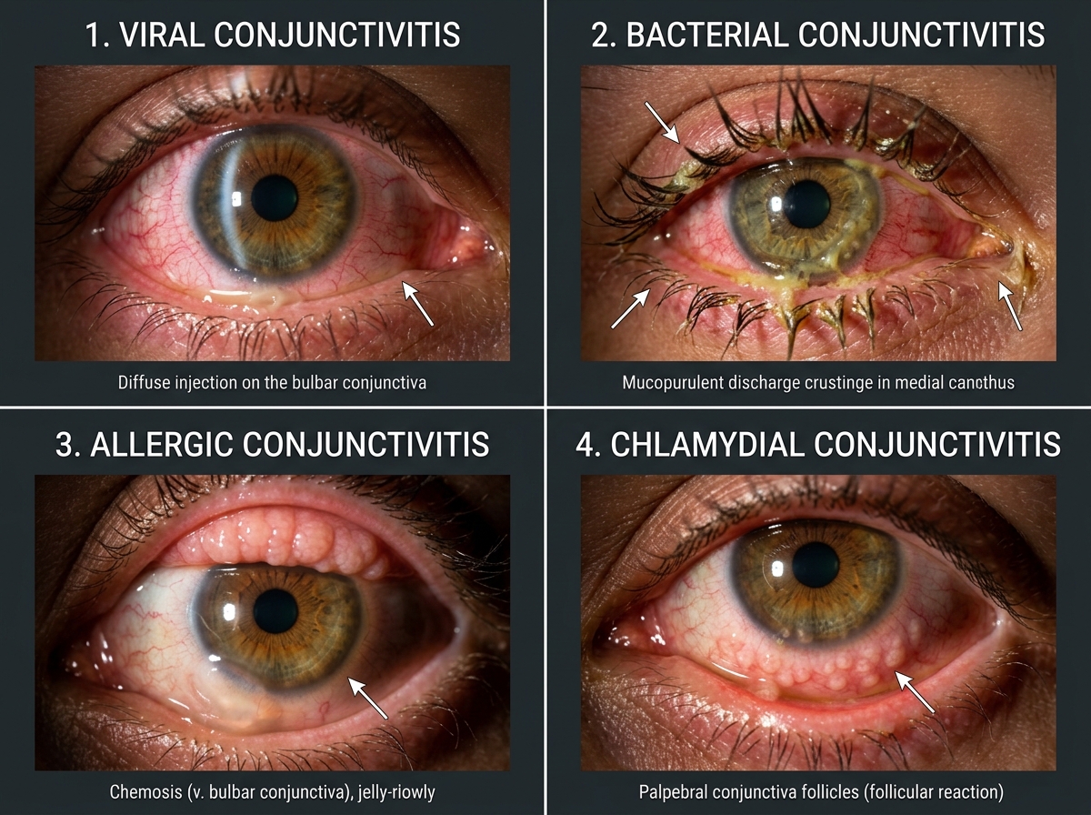 Clinical triptych comparison: viral conjunctivitis with watery discharge vs bacterial with purulent discharge vs allergic with papillae and chemosis