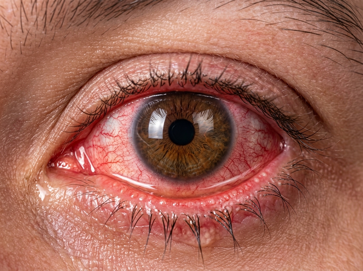 Macro close-up of eye with viral conjunctivitis showing bright-red conjunctival injection, watery discharge and slight eyelid edema