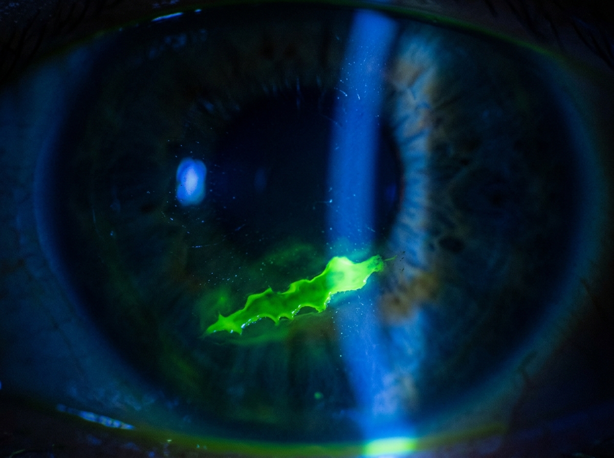 Slit-lamp photograph of cornea stained with fluorescein dye showing bright green-yellow irregular abrasion on the corneal surface