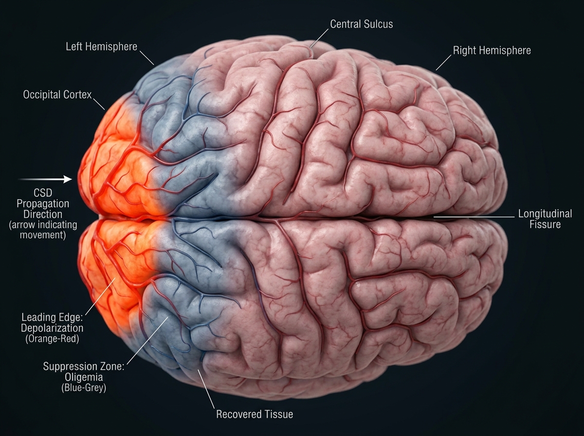 3D brain top-down view showing cortical spreading depression as slow wave of neural suppression spreading across the occipital cortex in orange-red