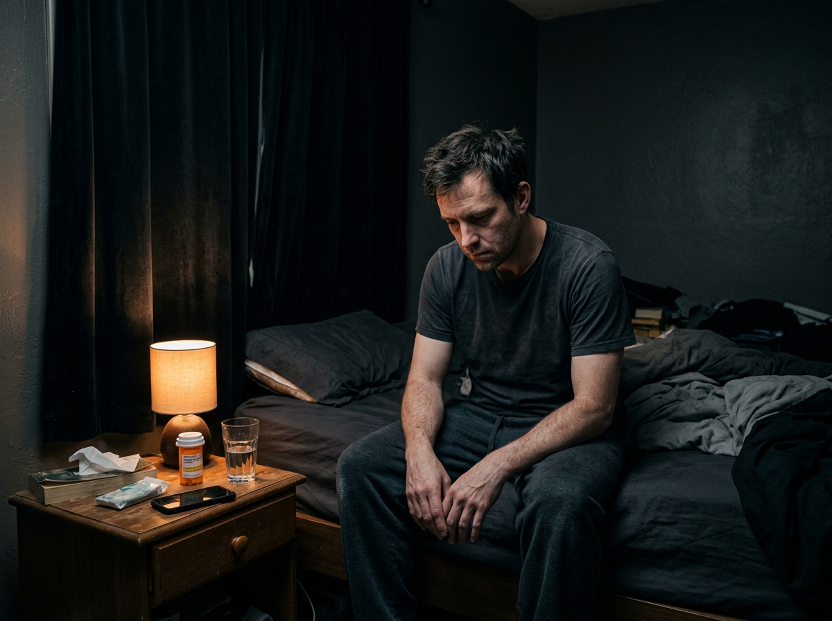 Person lying in bed with blackout curtains drawn in the middle of the day, phone dark, room dim, depicting depression and light avoidance