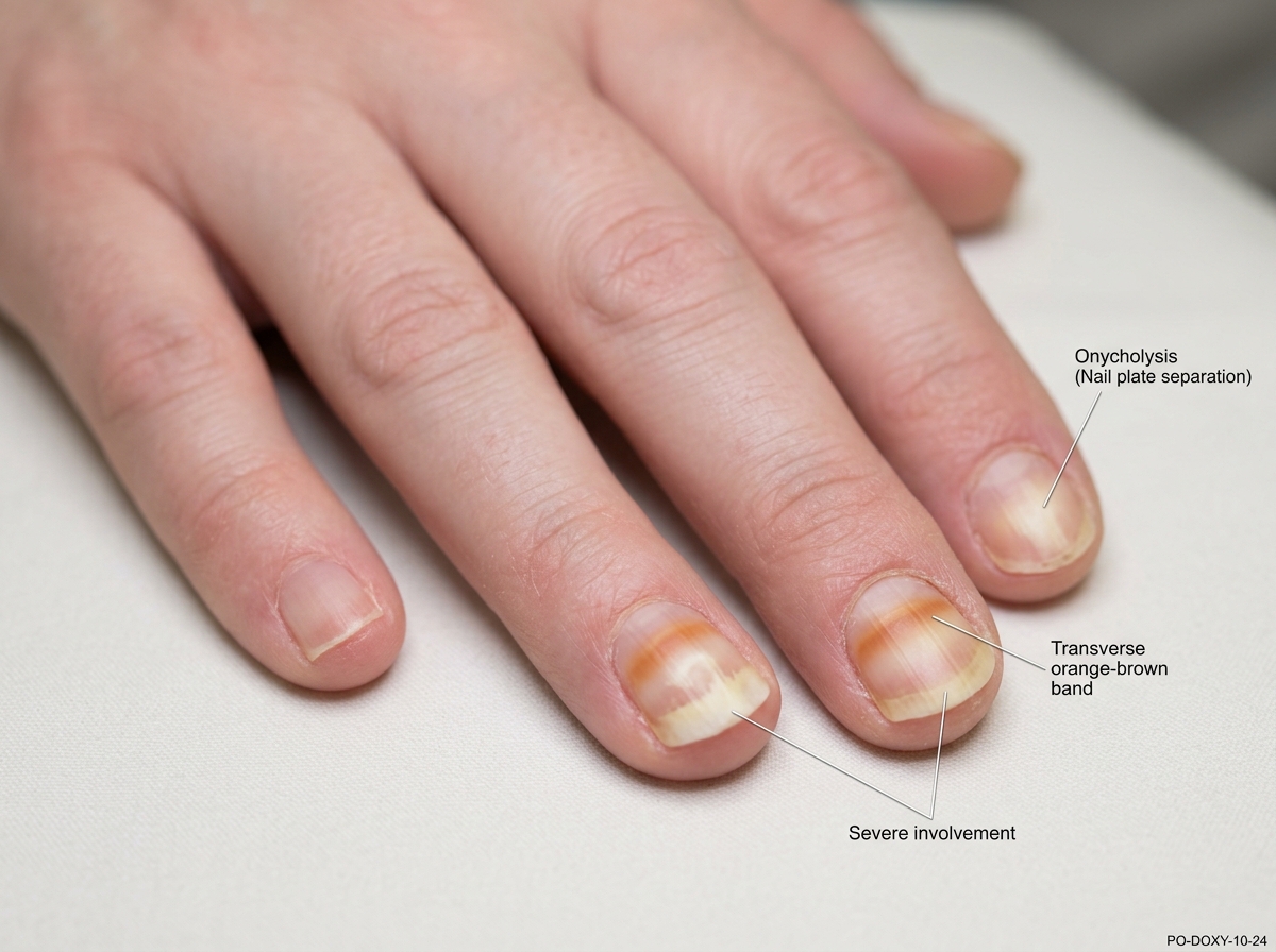Clinical photograph of photo-onycholysis from doxycycline showing nail plate separating from nail bed at distal end of multiple fingers