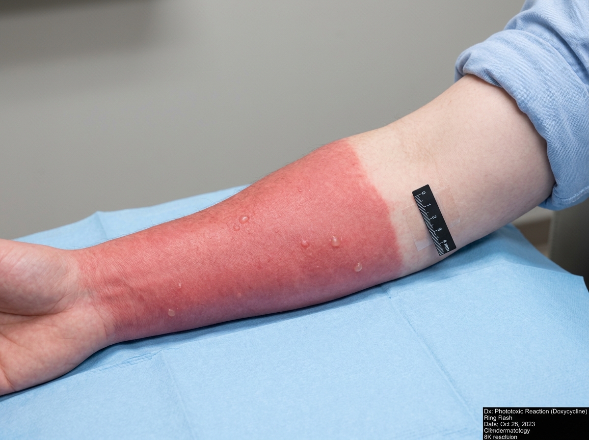 Arm showing severe phototoxic reaction from doxycycline: intense erythema, blistering at sun-exposed areas with clear demarcation at sleeve line