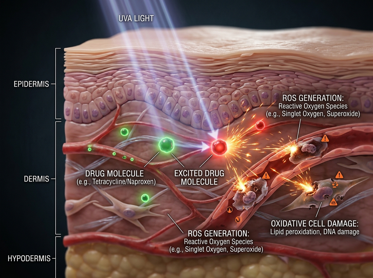 Medical diagram showing drug molecule absorbing UV photon and transferring energy to DNA causing thymine dimer formation and reactive oxygen species