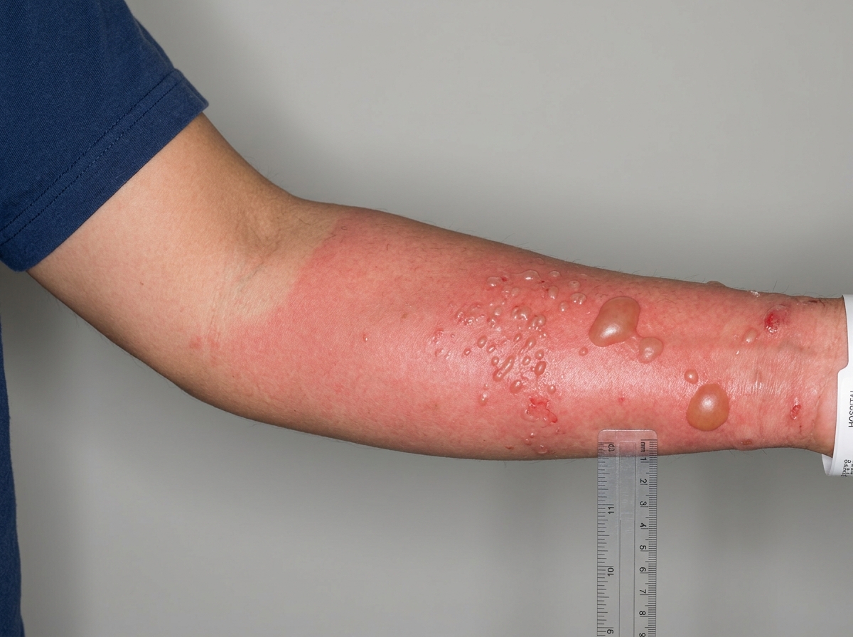 Arm showing phototoxic drug reaction: sharp demarcation between sun-exposed forearm with intense erythema and blistering vs covered upper arm with normal skin
