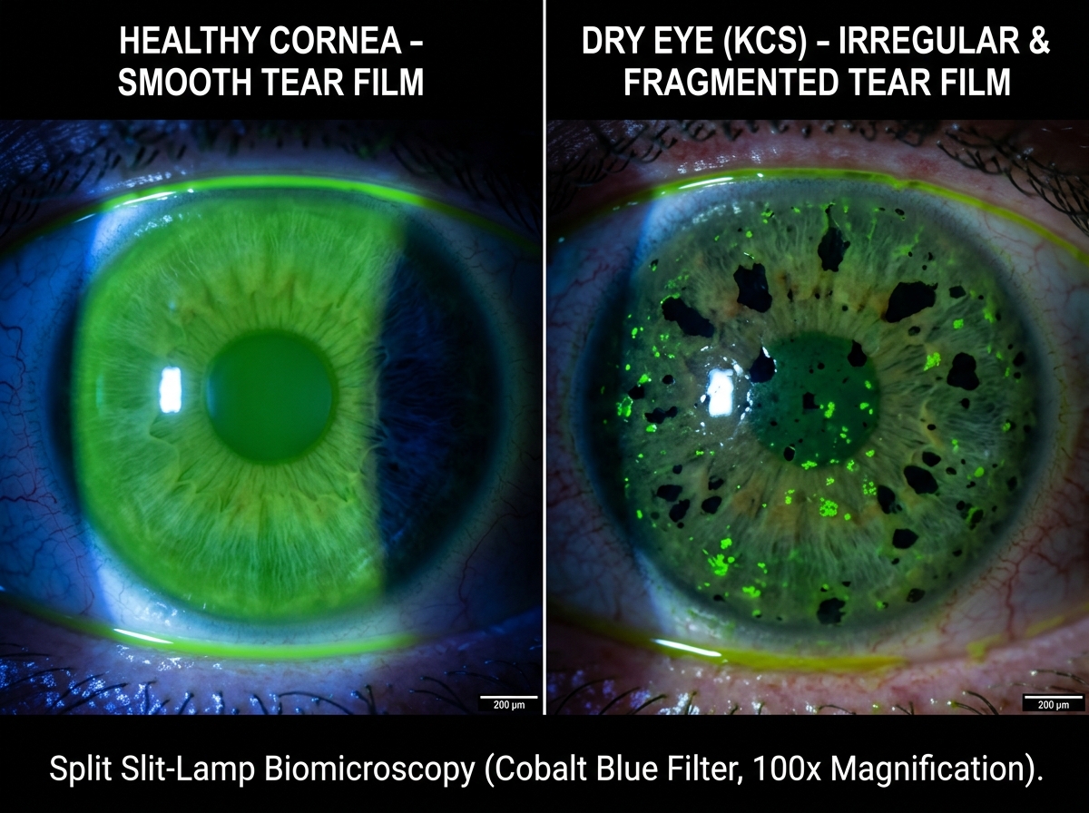 Split image: healthy eye with smooth glistening tear film vs dry eye with disrupted patchy tear film and exposed corneal surface