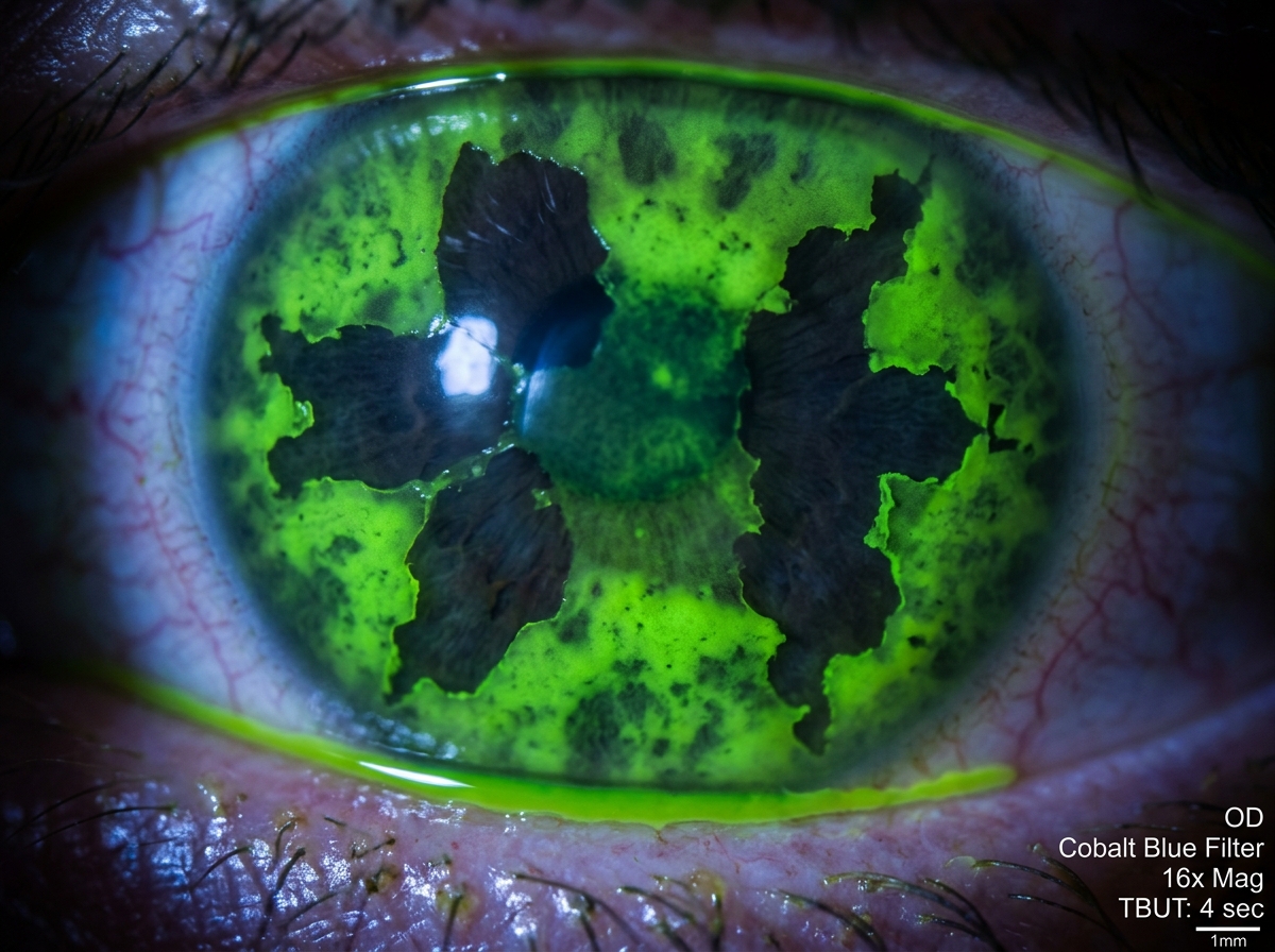 Macro slit-lamp photograph of dry eye showing broken tear film as irregular dry patches on the corneal surface