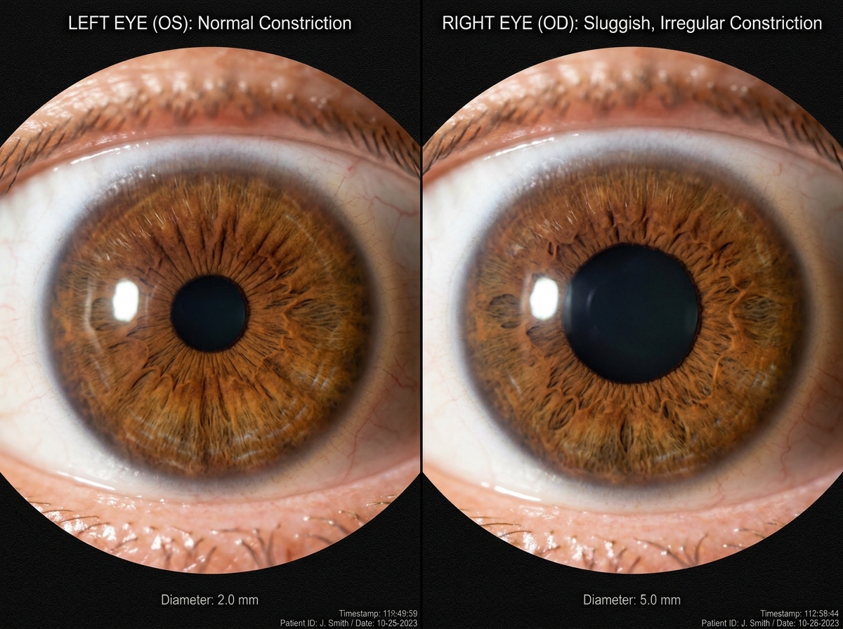 Infrared pupillometry recording showing sluggish, erratic pupil constriction to light stimulus in dysautonomia vs normal brisk constriction