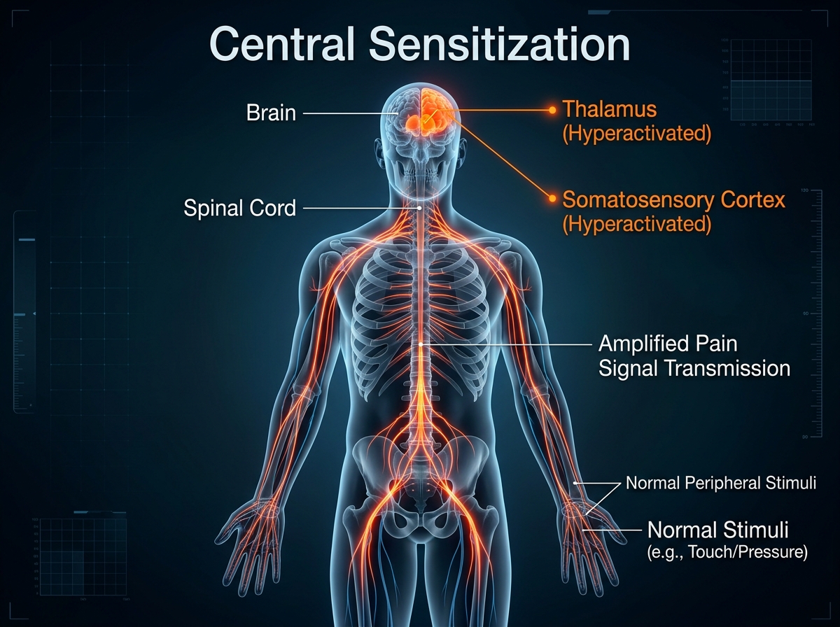3D brain visualization with all sensory areas (visual, auditory, somatosensory) lit up red indicating central sensitization, against dark blue cortex