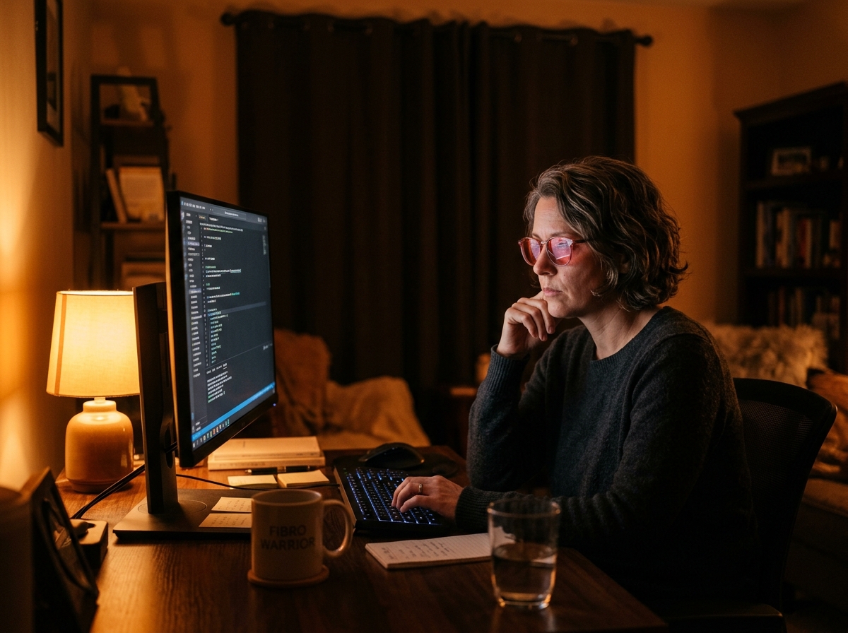 Fibromyalgia patient in warm dim amber-lit bedroom wearing FL-41 glasses working on laptop with anti-glare screen filter applied