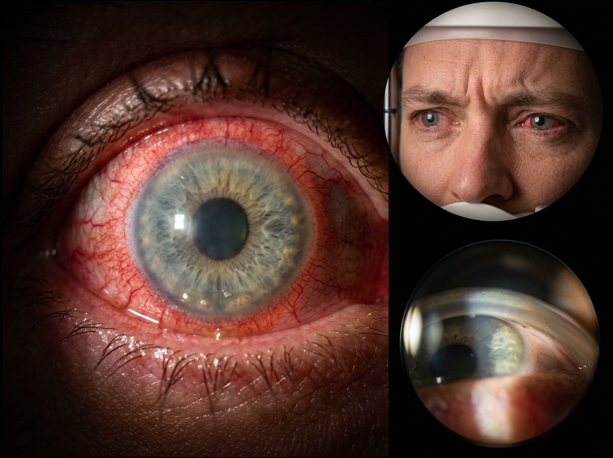 Slit-lamp photograph of eye with acute angle-closure glaucoma attack, mid-dilated fixed pupil and steamy corneal edema