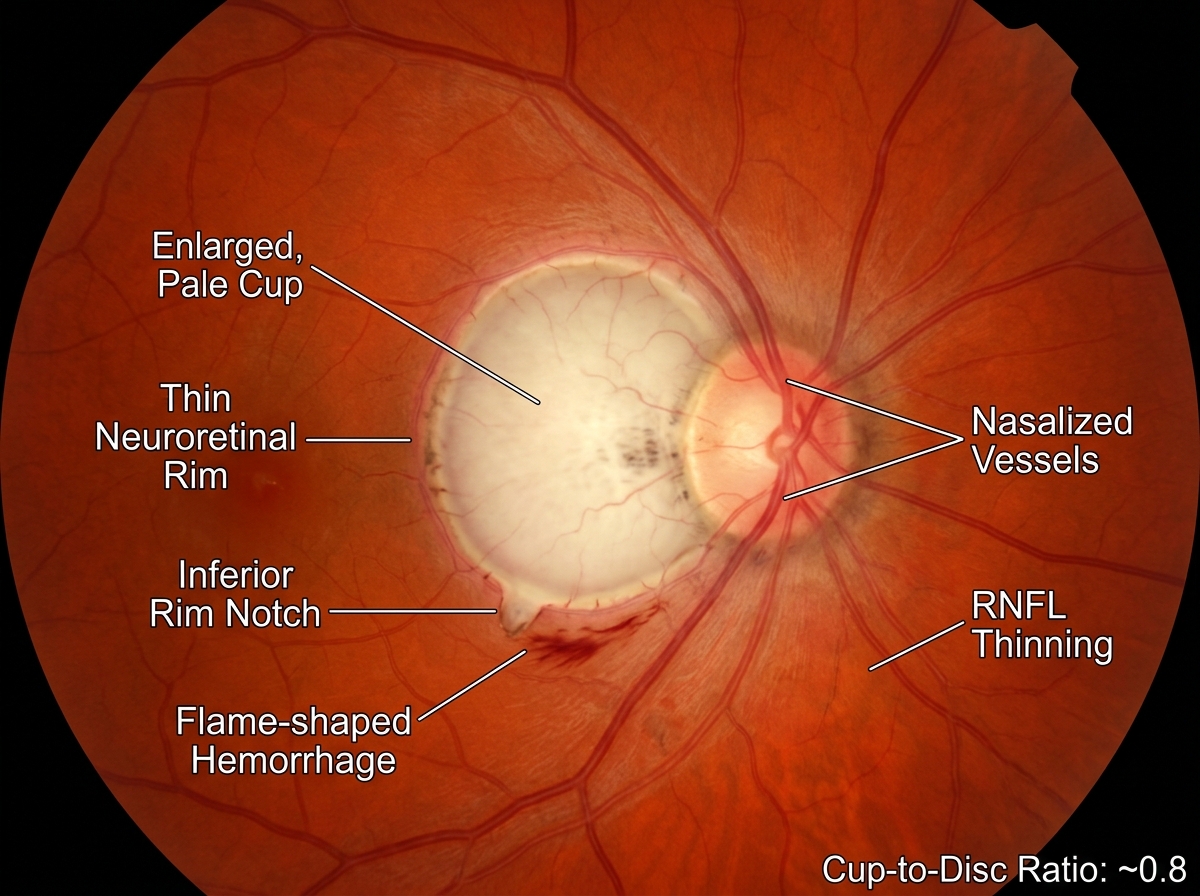 Clinical fundus photograph showing glaucomatous optic disc with large cup-to-disc ratio, superior and inferior notching of the neuroretinal rim