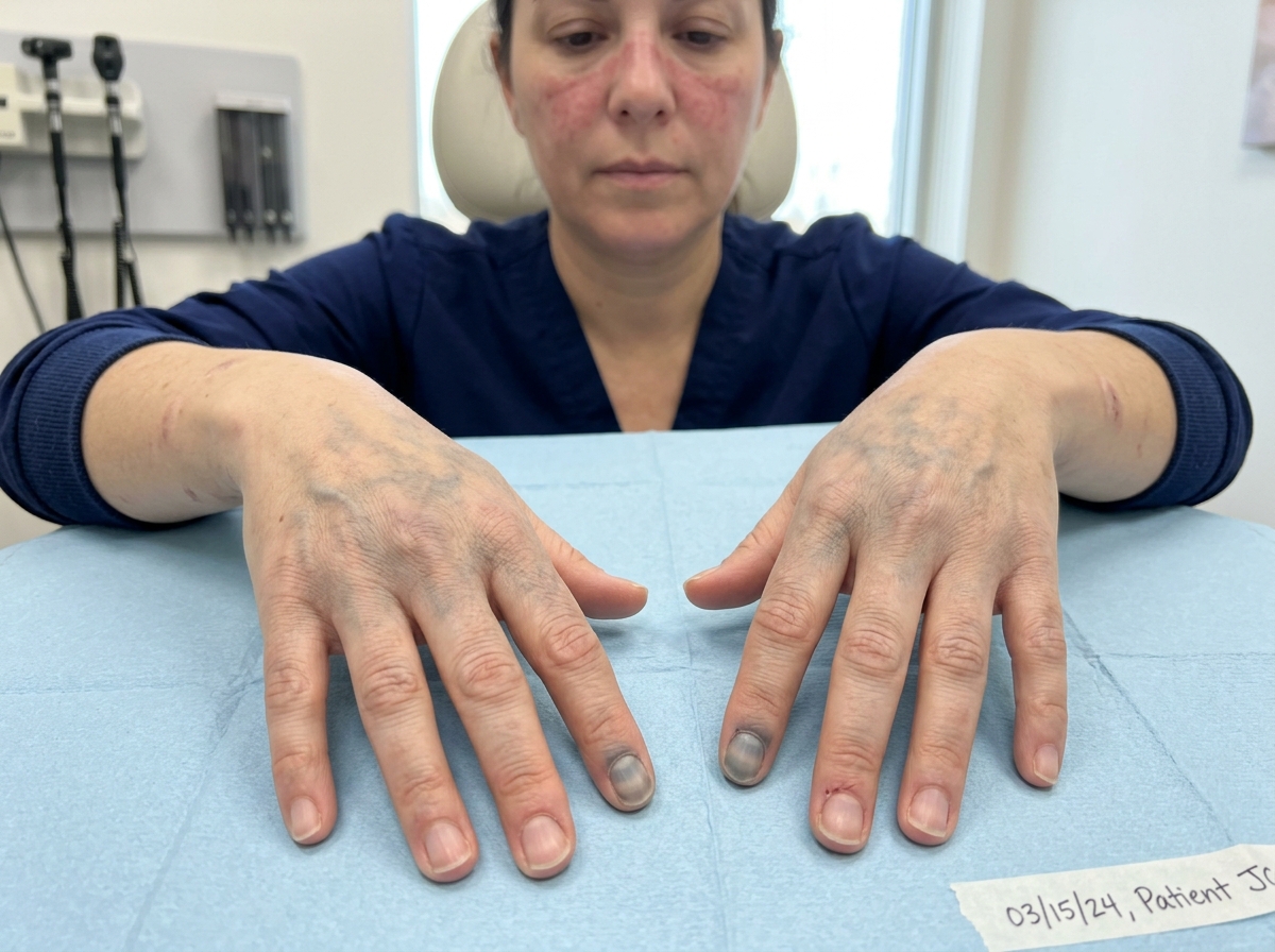 Hand of lupus patient on hydroxychloroquine showing blue-grey hyperpigmentation on dorsal surface and nail beds from long-term HCQ use