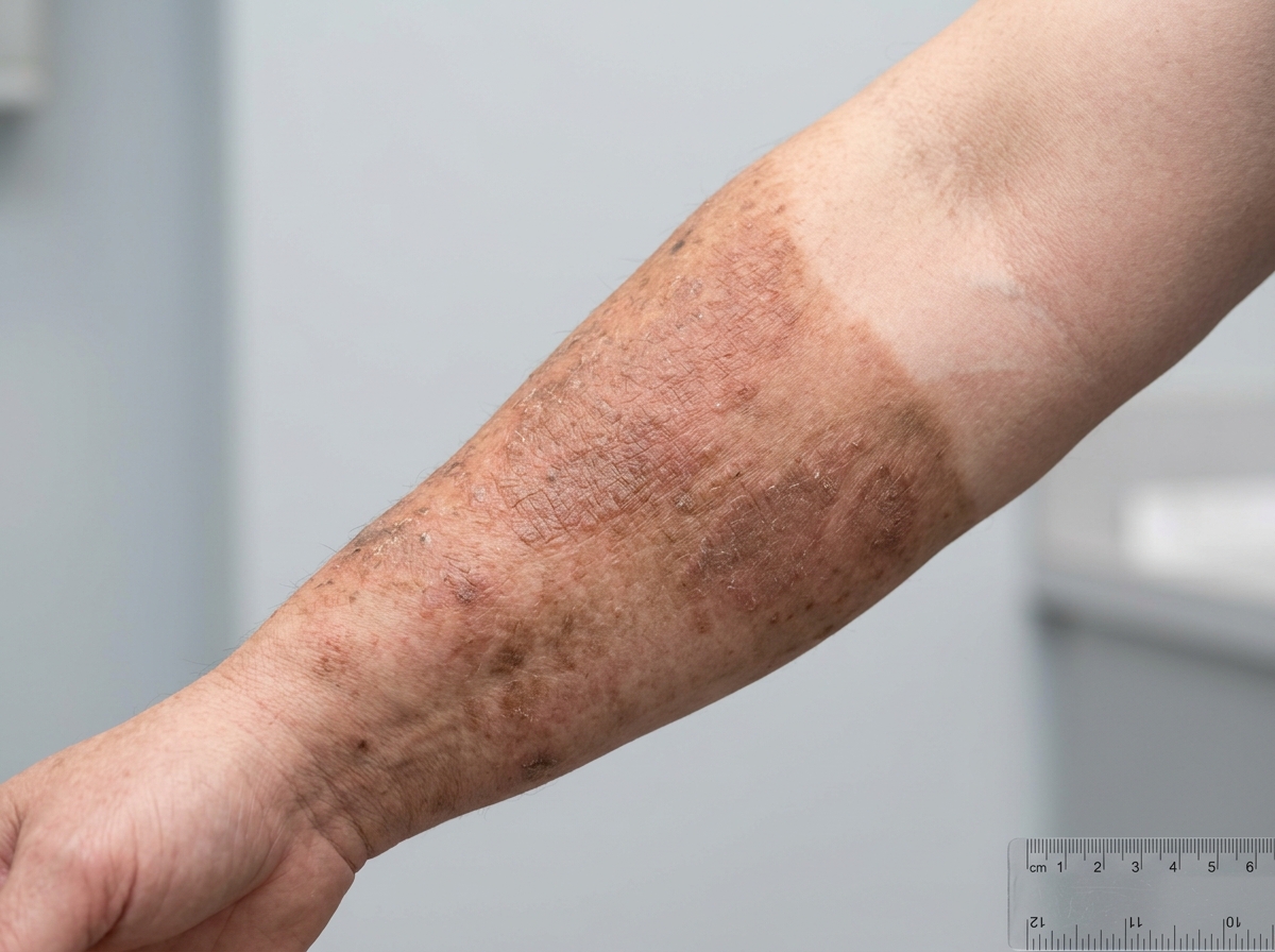 Forearm showing hydrochlorothiazide phototoxic reaction: eczema-like erythema with scaling and hyperpigmentation in a chronic sun-exposed distribution