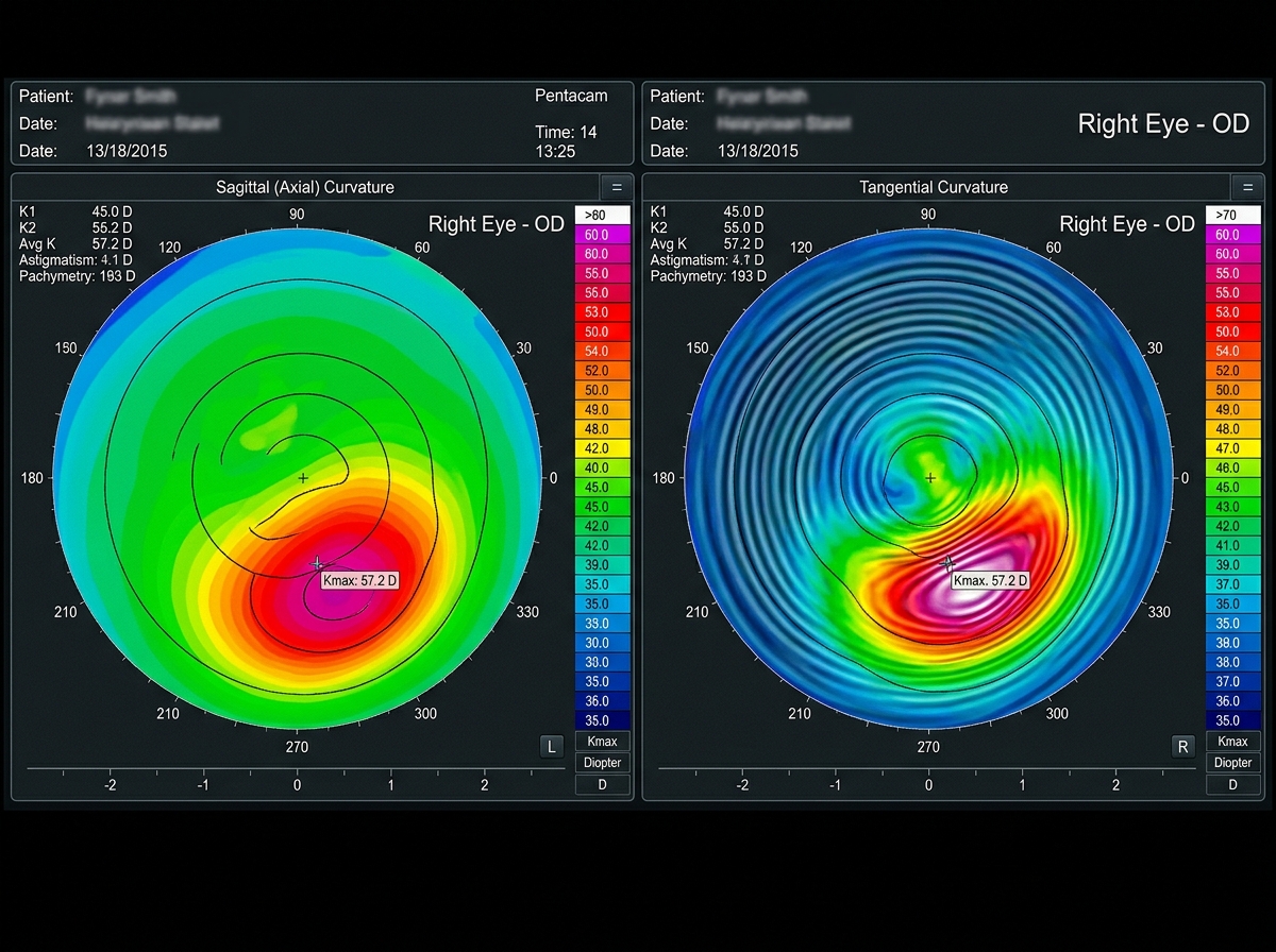 Corneal topography map of keratoconus eye showing cone-shaped protrusion as bright red-orange zone on inferior cornea against blue-green normal areas