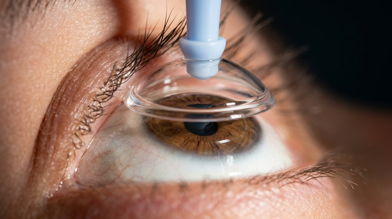 Scleral contact lens being placed on an eye with keratoconus, the large-diameter gas-permeable lens vaulting over the cone with fluid reservoir