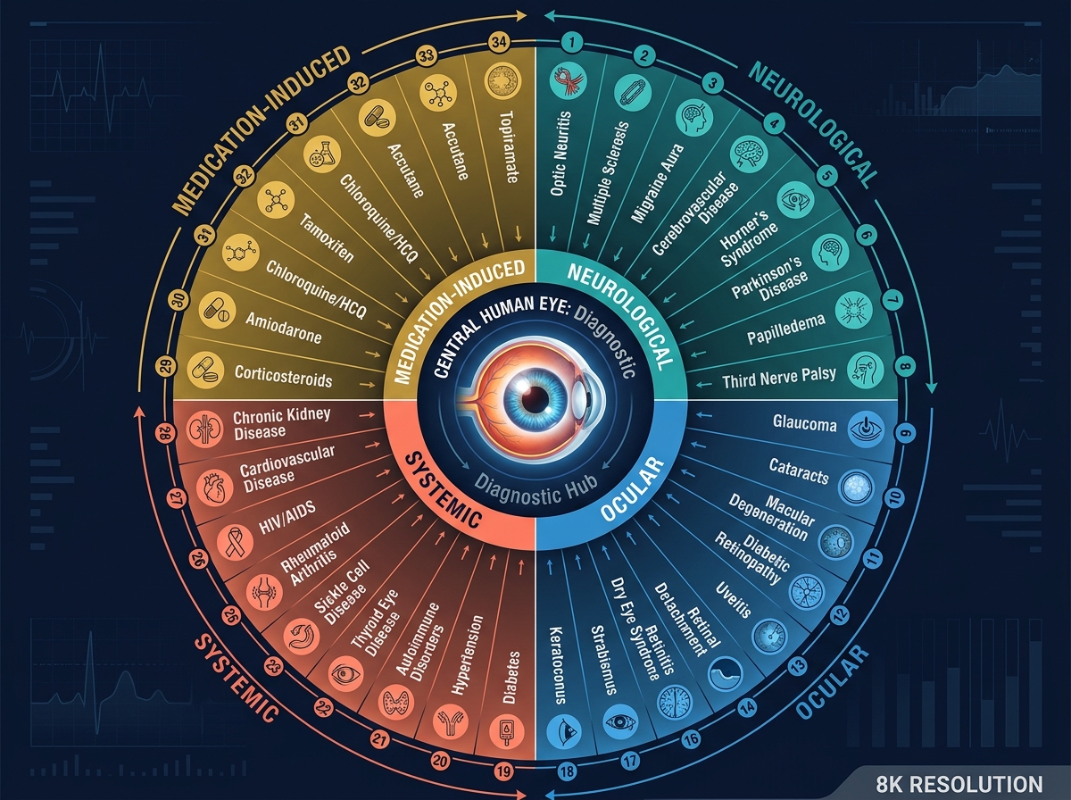 Medical infographic wheel showing 30+ conditions that cause photophobia, radiating from a central eye icon, categorized by neurological, ocular, systemic, and medication causes