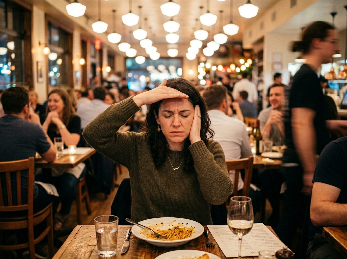 Person in a bright noisy restaurant with both hands raised: one shielding eyes from overhead lights, one pressing ear against restaurant noise, expression of overwhelm