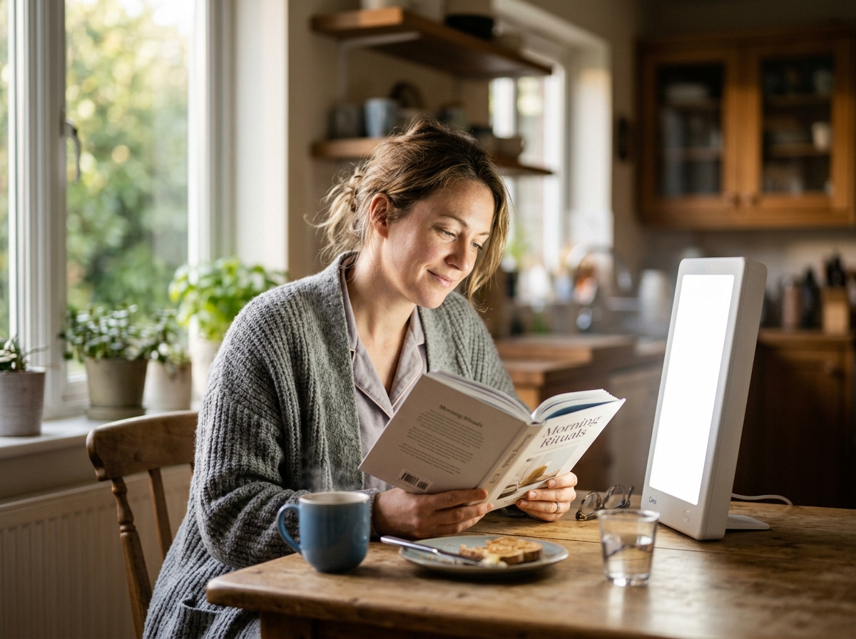 Person sitting 12 inches from a 10000 lux light therapy lamp during morning breakfast, warm white light illuminating their face