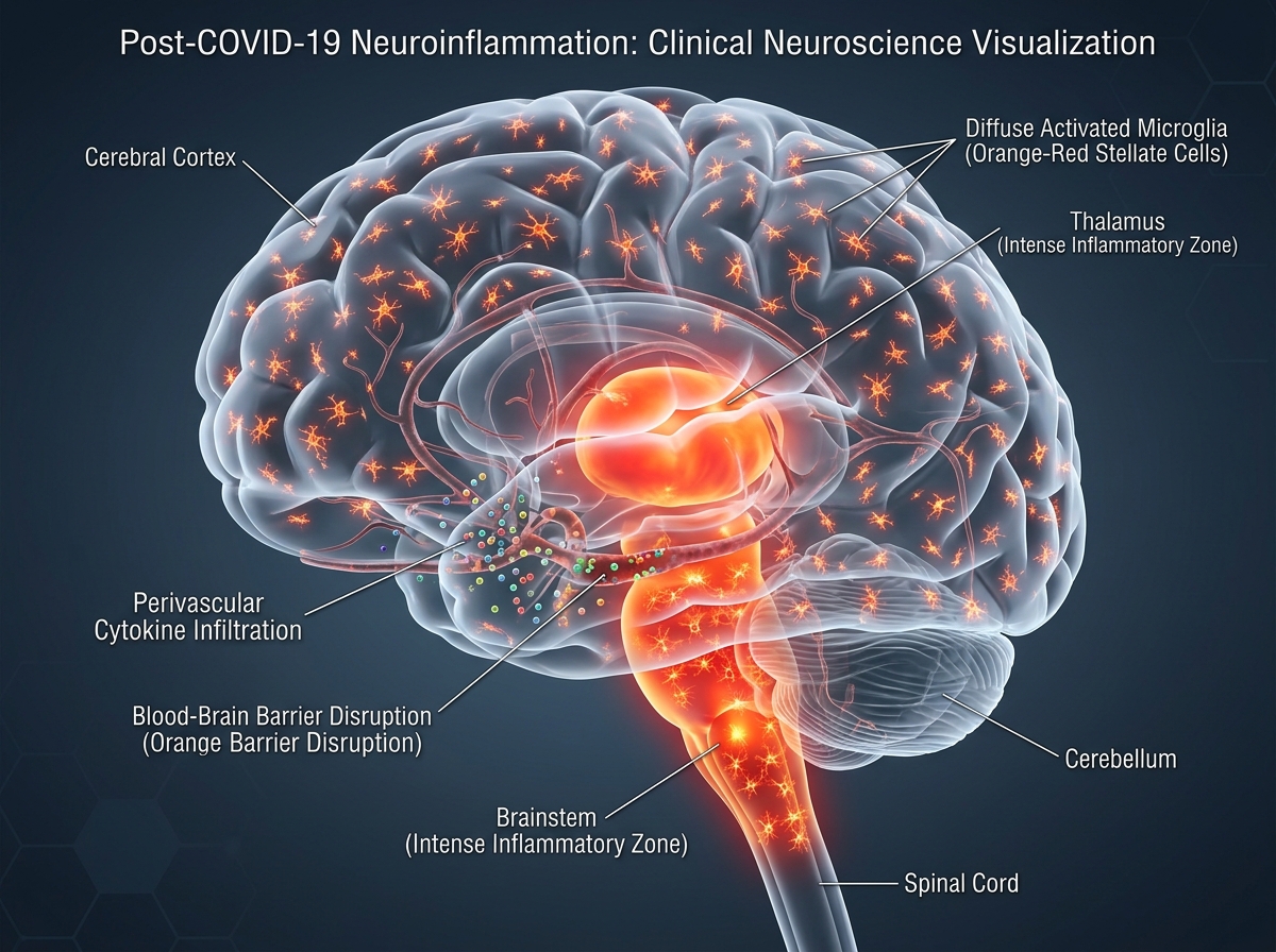 3D brain visualization with diffuse microglial activation shown as scattered red-orange dots throughout white matter representing post-COVID neuroinflammation