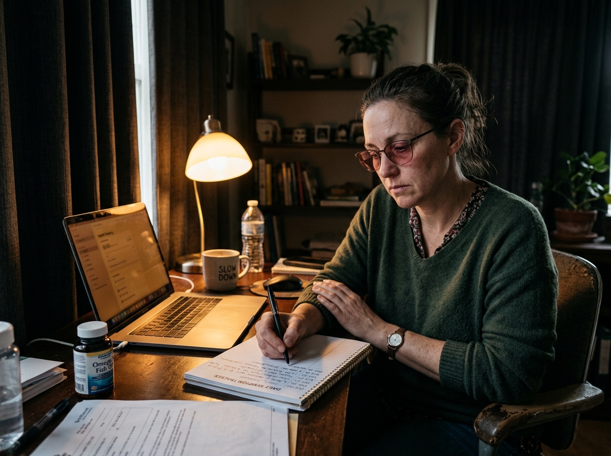 Long COVID patient at home desk squinting at laptop screen with blackout curtains drawn, wearing FL-41 tinted glasses