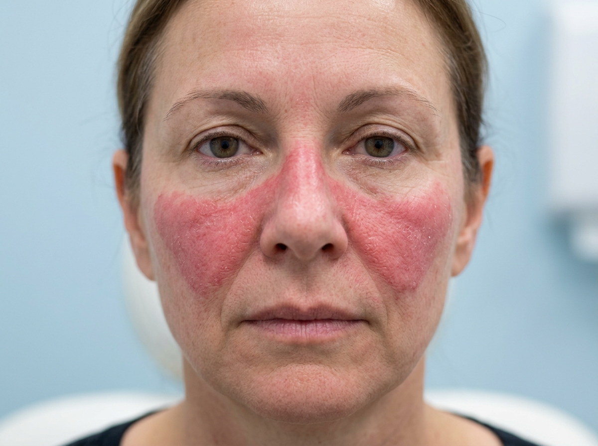 Clinical photograph of lupus malar butterfly rash across both cheeks and nose bridge, showing erythematous fixed rash sparing nasolabial folds