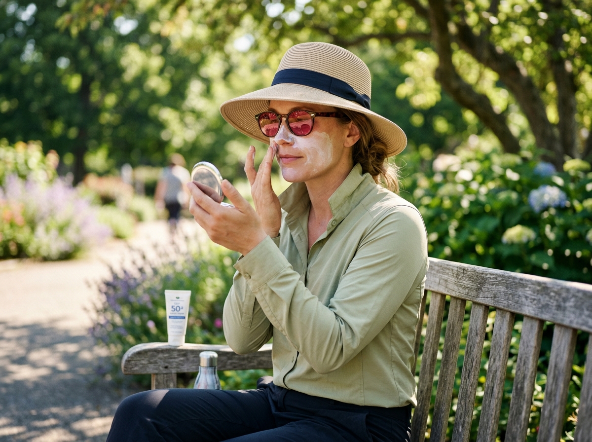 Lupus patient applying SPF 50+ sunscreen before going outdoors, wearing UV-protective long-sleeve shirt and wide-brim hat