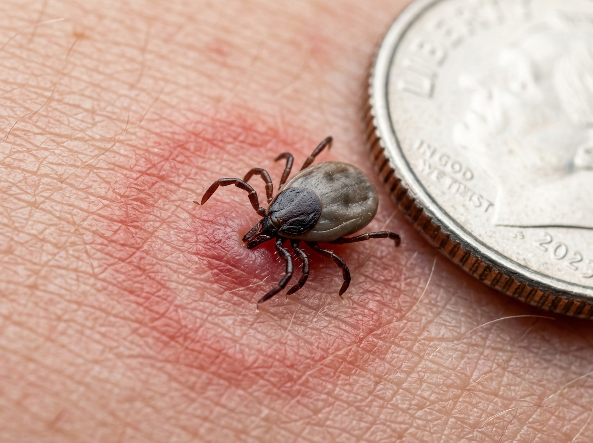 Ixodes scapularis deer tick on human skin next to a dime for size reference, showing the tiny size that makes detection difficult