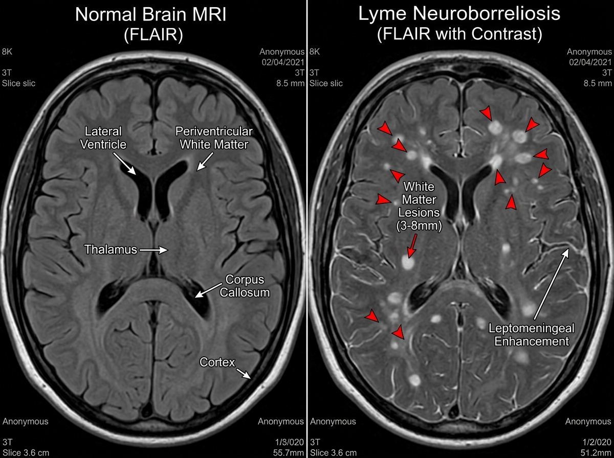 MRI brain FLAIR sequence showing white matter hyperintensities from Lyme neuroborreliosis with multiple scattered bright lesions on dark background