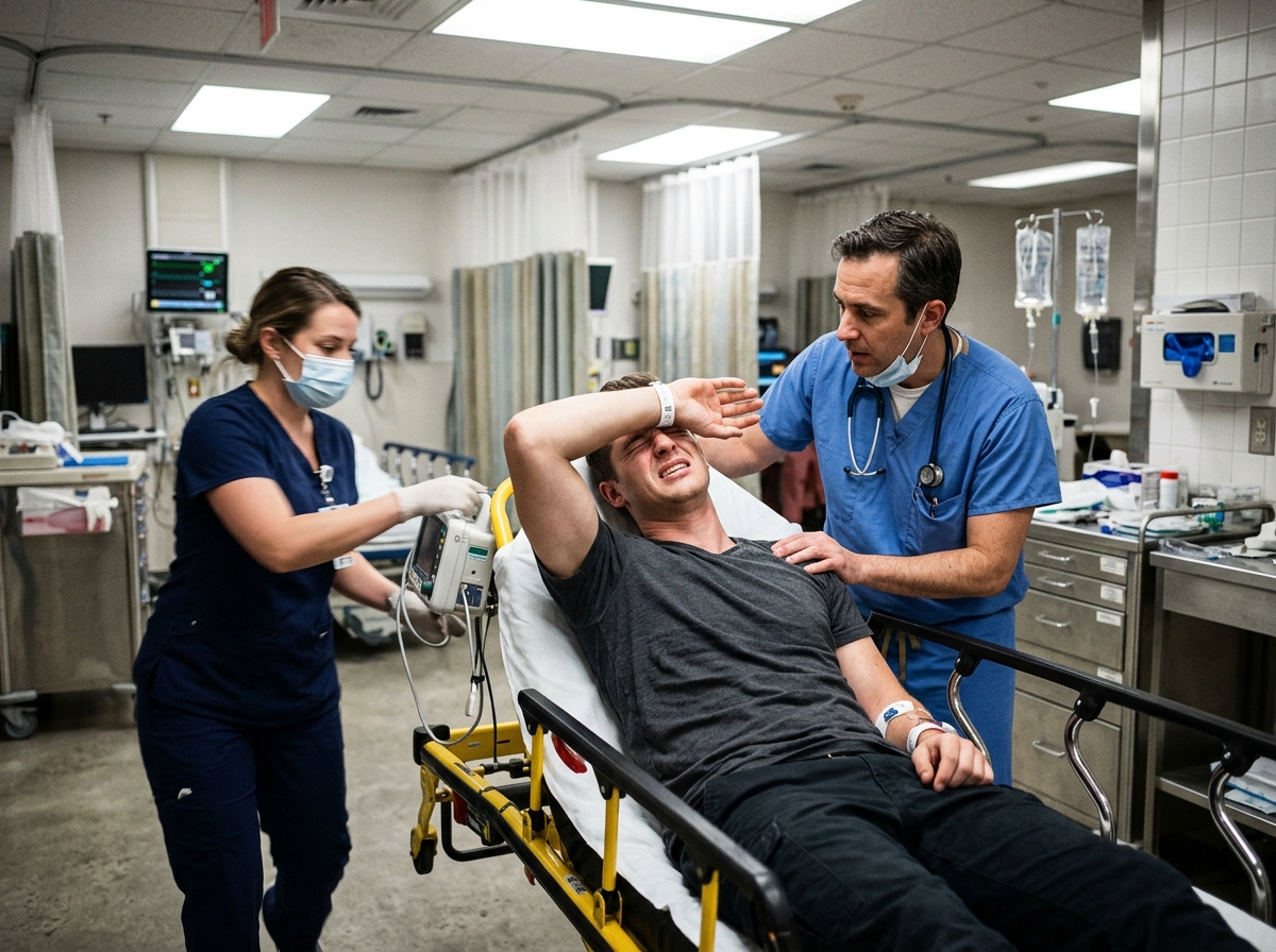 Emergency department triage sign with meningitis warning symptoms: sudden severe headache, neck stiffness, photophobia, rash