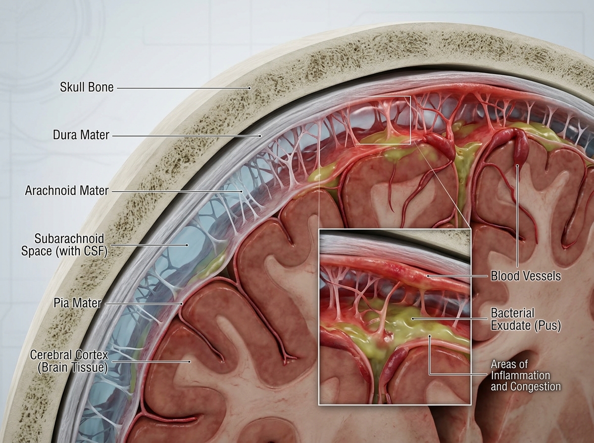 3D anatomical cross-section of skull and brain showing inflamed meninges in red (dura, arachnoid, pia mater) surrounding the cortex